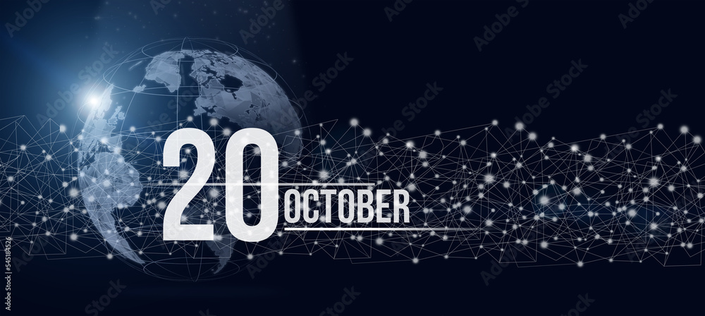 October 20th. Day 20 of month, Calendar date. Calendar day hologram of the planet earth in blue gradient style. Global futuristic communication network. Autumn month, day of the year concept.