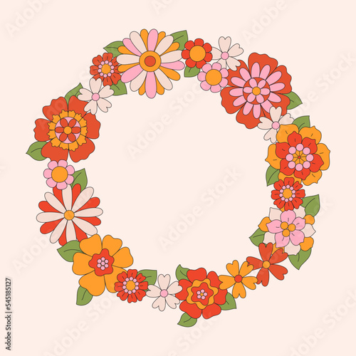 70s 60s retro wreath of hippie daisy flowers. Floral round frame isolated on white background. Hand-drawn illustration in vintage boho style