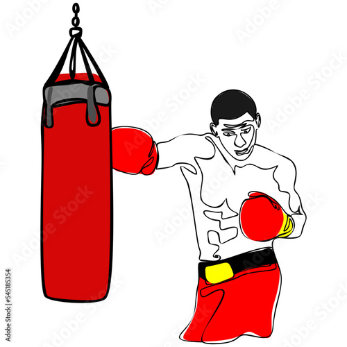 Male boxer boxing in punching bag vector illustration