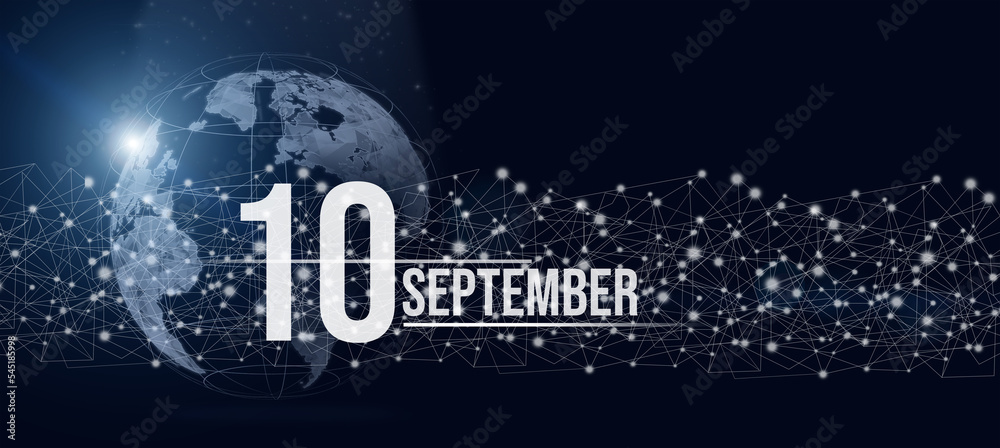 September 10th. Day 10 of month, Calendar date. Calendar day hologram of the planet earth in blue gradient style. Global futuristic communication network. Autumn month, day of the year concept.