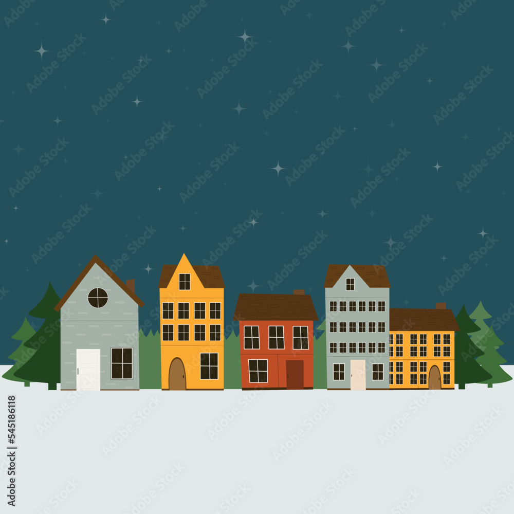 Colourful winter scandinavian houses in night. Flat style.