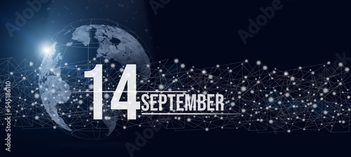 September 14th. Day 14 of month, Calendar date. Calendar day hologram of the planet earth in blue gradient style. Global futuristic communication network. Autumn month, day of the year concept.