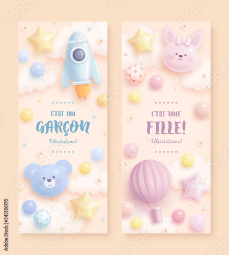 Set of baby shower vertical banner with cartoon rocket and hot air balloon on beige background. French lettering. Translation from French It's a girl. Vector illustration