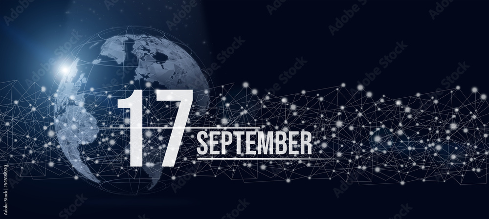 September 17th. Day 17 of month, Calendar date. Calendar day hologram of the planet earth in blue gradient style. Global futuristic communication network. Autumn month, day of the year concept.
