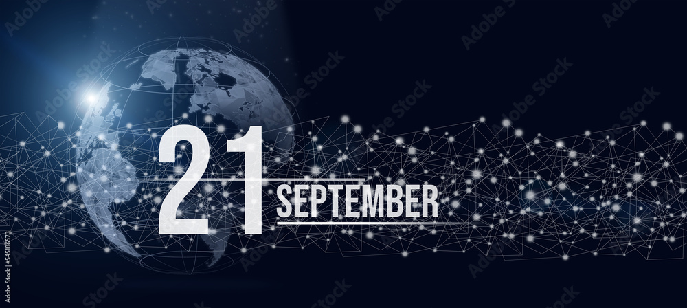 September 21st . Day 21 of month, Calendar date. Calendar day hologram of the planet earth in blue gradient style. Global futuristic communication network. Autumn month, day of the year concept.