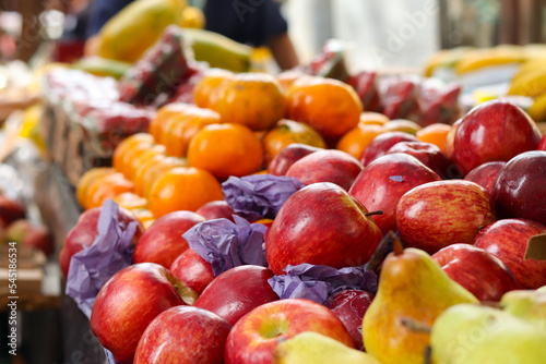 Rio de Janeiro, RJ, Brazil, 2022 - Street fair in Grajau neighborhood - apples, oranges, tangerines, bananas, lettuce, watercress, tomatoes,  bell peppers, flowers
