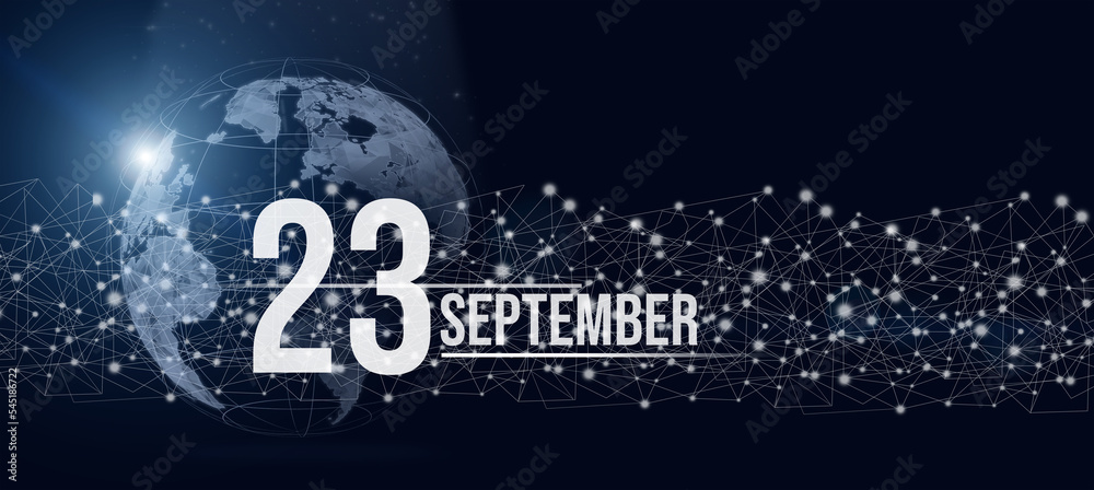 September 23rd. Day 23 of month, Calendar date. Calendar day hologram of the planet earth in blue gradient style. Global futuristic communication network. Autumn month, day of the year concept.