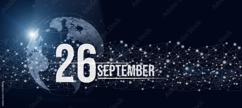 September 26th. Day 26 of month, Calendar date. Calendar day hologram of the planet earth in blue gradient style. Global futuristic communication network. Autumn month, day of the year concept.