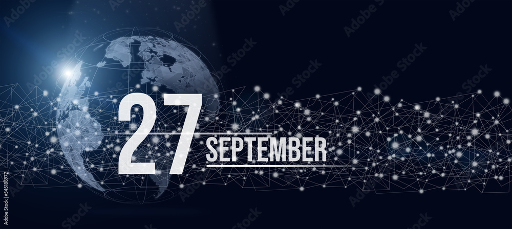 September 27th. Day 27 of month, Calendar date. Calendar day hologram of the planet earth in blue gradient style. Global futuristic communication network. Autumn month, day of the year concept.