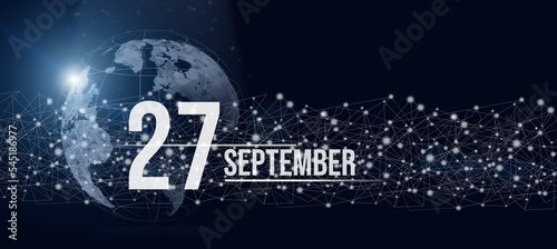 September 27th. Day 27 of month  Calendar date. Calendar day hologram of the planet earth in blue gradient style. Global futuristic communication network. Autumn month  day of the year concept.