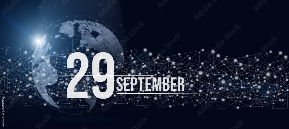 September 29th. Day 29 of month, Calendar date. Calendar day hologram of the planet earth in blue gradient style. Global futuristic communication network. Autumn month, day of the year concept.