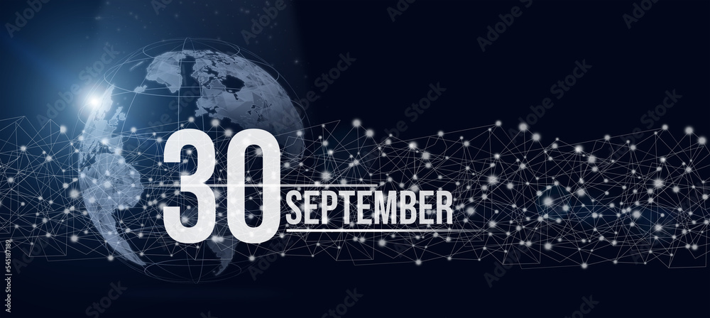 September 30th. Day 30 of month, Calendar date. Calendar day hologram of the planet earth in blue gradient style. Global futuristic communication network. Autumn month, day of the year concept. September 30th. Day 30 of month, Calendar date. Calendar day hologram of the planet earth in blue gradient style. Global futuristic communication network. Autumn month, day of the year concept.