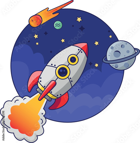 Vector illustration in cartoon style. Rocket in space. Against the background of clouds  stars  a comet and a planet.