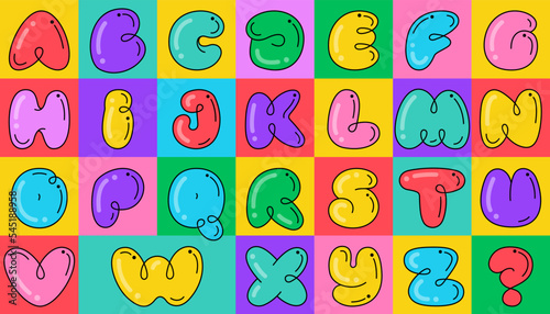 Alphabet set. Funny bold childish style font. Overlapping line with multicolor background.