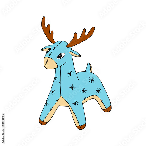 Reindeer. Animal. Plush deer, toy. Deer with snowflakes on the sides. New Year. Christmas. Winter. Drawn by hand. Doodle. For New Year and Christmas cards. Fairy tale