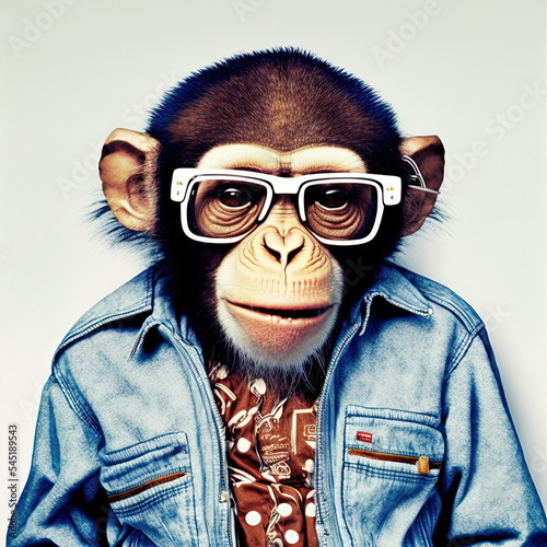 Realistic funky cool chimpanzee model, monkey, an ape wearing cloth and glasses, fashion photography style digital 3D illustration Original concept 