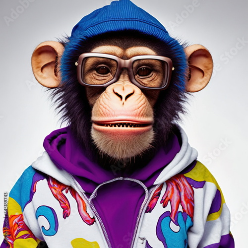 Realistic funky cool chimpanzee model, monkey, an ape wearing cloth and glasses, fashion photography style digital 3D illustration Original concept 