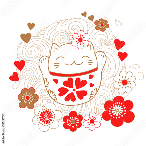 Cute card with white cat - a talisman, bringing luck, maneki neko. On the stomach of a kitty drawn hearts that bring luck in love.