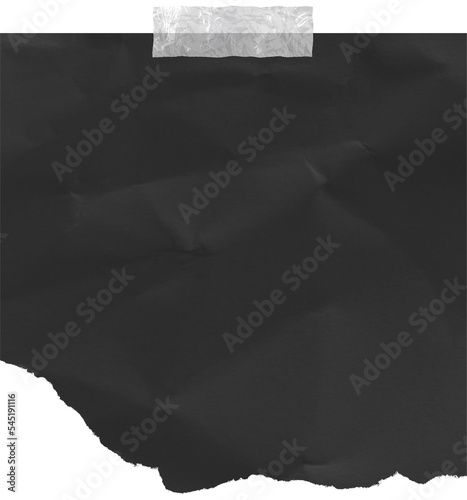 Black crumpled card with adhesive tape. Torn piece of paper with sticker.