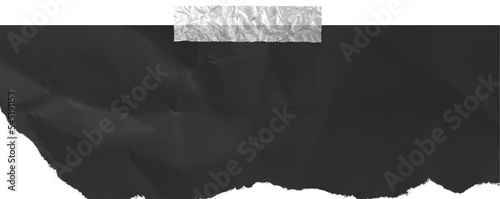 Black crumpled card with adhesive tape. Torn piece of paper with sticker.