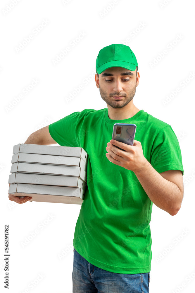 Pizza Delivery Driver with pizza box, smartphone app. Uniform cap and tshirt. Courier young man