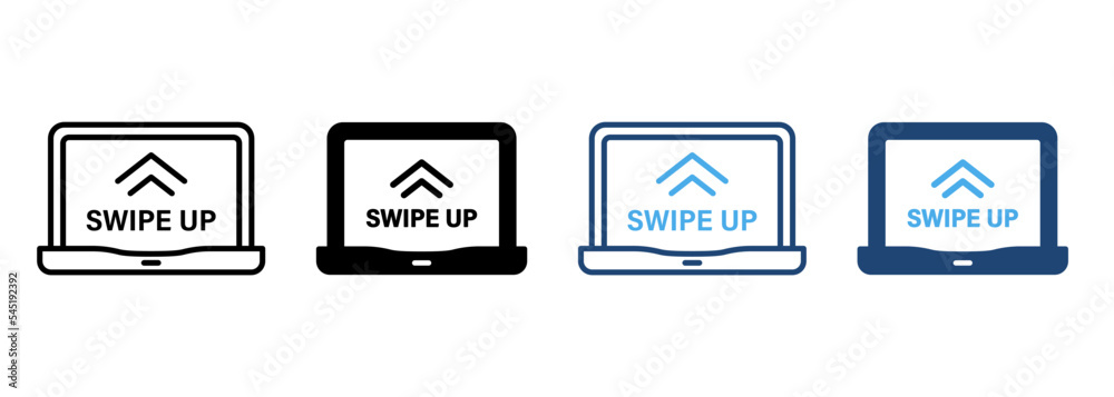 Swipe Up in Laptop Line and Silhouette Color Icon Set. Gesture Up on Computer Touch Screen Pictogram. Move, Drag Action on Device Symbol Collection on White Background. Isolated Vector Illustration