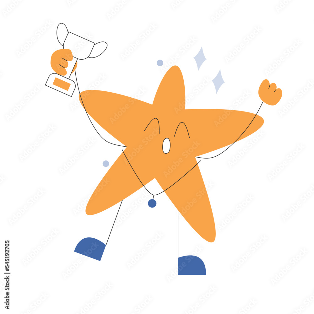The happy character of the star is happy at the success and holds the cup in his hands. Vector illustration in flat style The happy character of the star is happy at the success and holds the cup in his hands. Vector illustration in flat style
