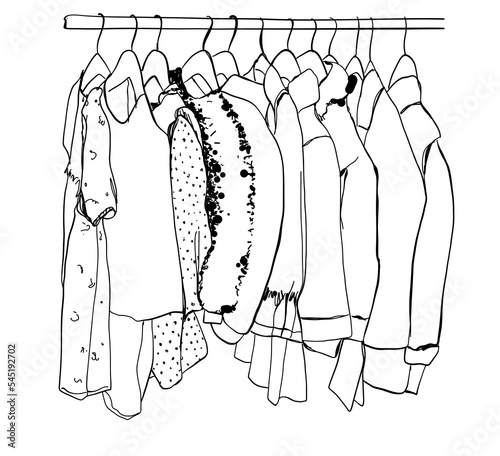 Hand drawn wardrobe sketch. Baby clothes on hangers