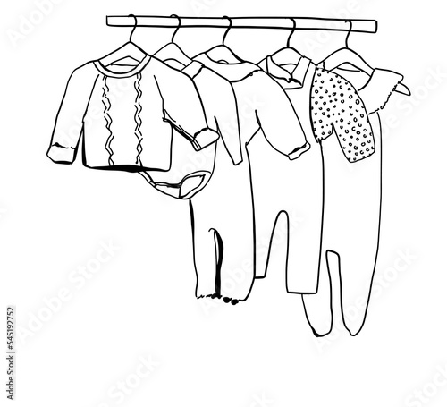 Hand drawn wardrobe sketch. Baby clothes on hangers