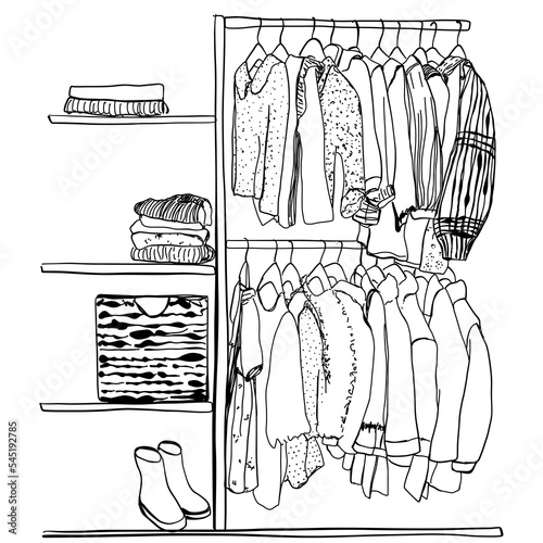 Hand drawn wardrobe sketch. Baby clothes on hangers