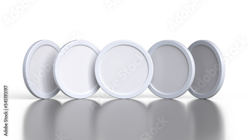 Set of 5 coins in a row with different viewing angles. High quality 3D rendering mockup suitable for designing cryptocurrency and financial concepts.