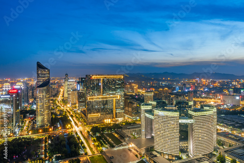 High angle night view of Qianjiang New Town, Hangzhou, Zhejiang, China