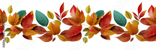 Autumn seamless transparent background with long horizontal border made of falling autumn golden, red and orange colored leaves isolated on transparent background. Hello autumn png