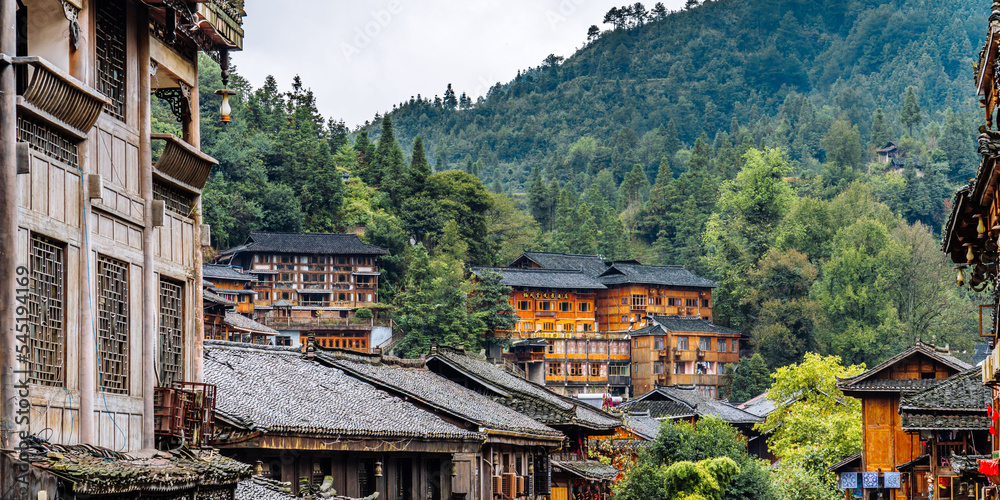 High angle closeup of buildings in Qianhu Miao Village in Xijiang, Guizhou, China High angle closeup of buildings in Qianhu Miao Village in Xijiang, Guizhou, China