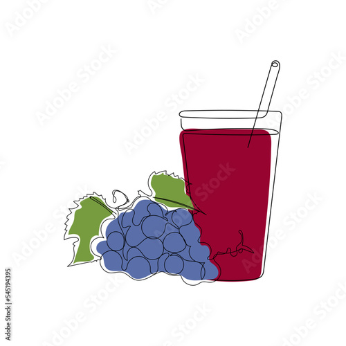 Glass of fresh grape juice. A ripe dark blue grapes grone. Hand drawn vector illustration of fruit and juice in minimalist one line art style. photo