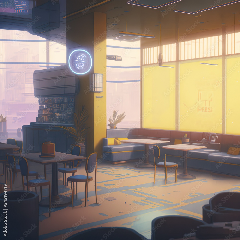 art illustration of living room, inside of a lemonade fast food