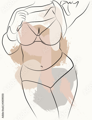 A simple body-positive elegant poster. Beautiful illustration of the line of a seductive female body. Minimalistic linear female figure. Abstract nude sensual linear art.
