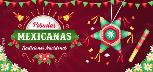 Posadas Mexicanas. 3d illustration of festivities breaking a piñata with a stick