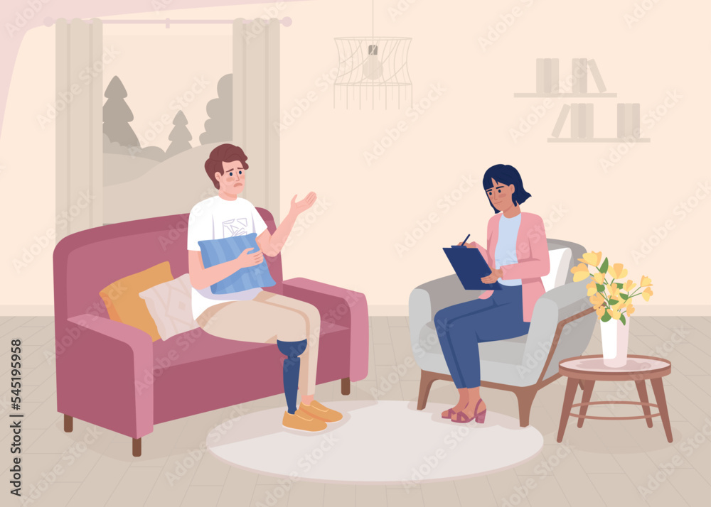Man with leg prosthesis at psychotherapy flat color vector illustration. Disabled patients support . Recovery program. Fully editable 2D simple cartoon interior with psychologist office on background