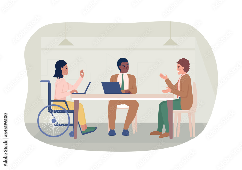 Disabled woman at meeting 2D vector isolated illustration. Inclusion in business flat characters on cartoon background. Diversity colourful editable scene for mobile, website, presentation