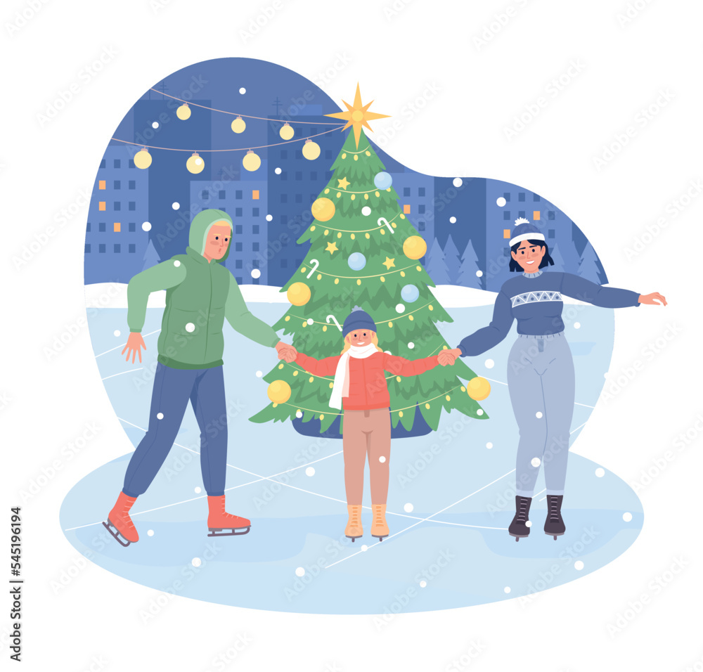 Naklejka premium Ice skating with family 2D vector isolated illustration. Holiday recreation flat characters on cartoon background. Christmastime colourful editable scene for mobile, website, presentation