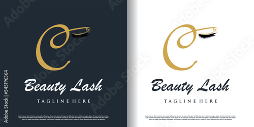 Eyelash logo icon with letter c concept premium vector