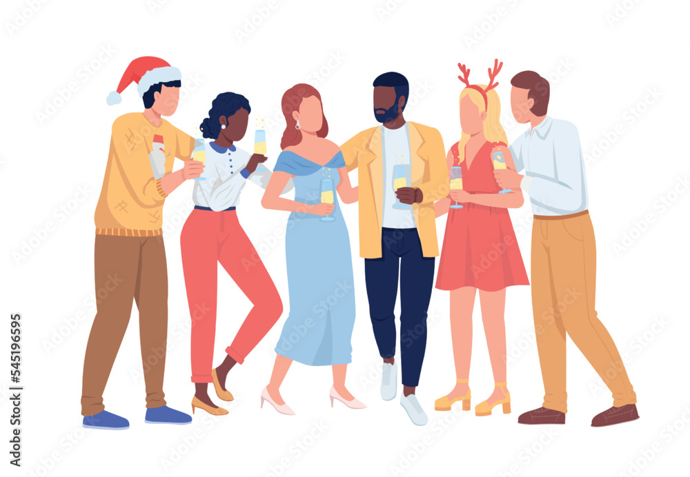 Fototapeta premium Friends at Christmas party semi flat color vector character. Editable figure. Full body people on white. Happy New Year simple cartoon style illustration for web graphic design and animation