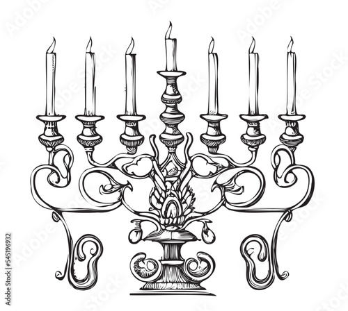 Candlestick with candles menorah candlestick sketch hand drawn in strokes Vector illustration.