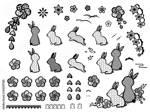 うさぎと梅の和風レースのイラスト素材セット