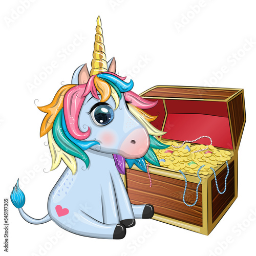 Cute cartoon unicorn and treasure chest, pirates. Summer, sea, palm, beach