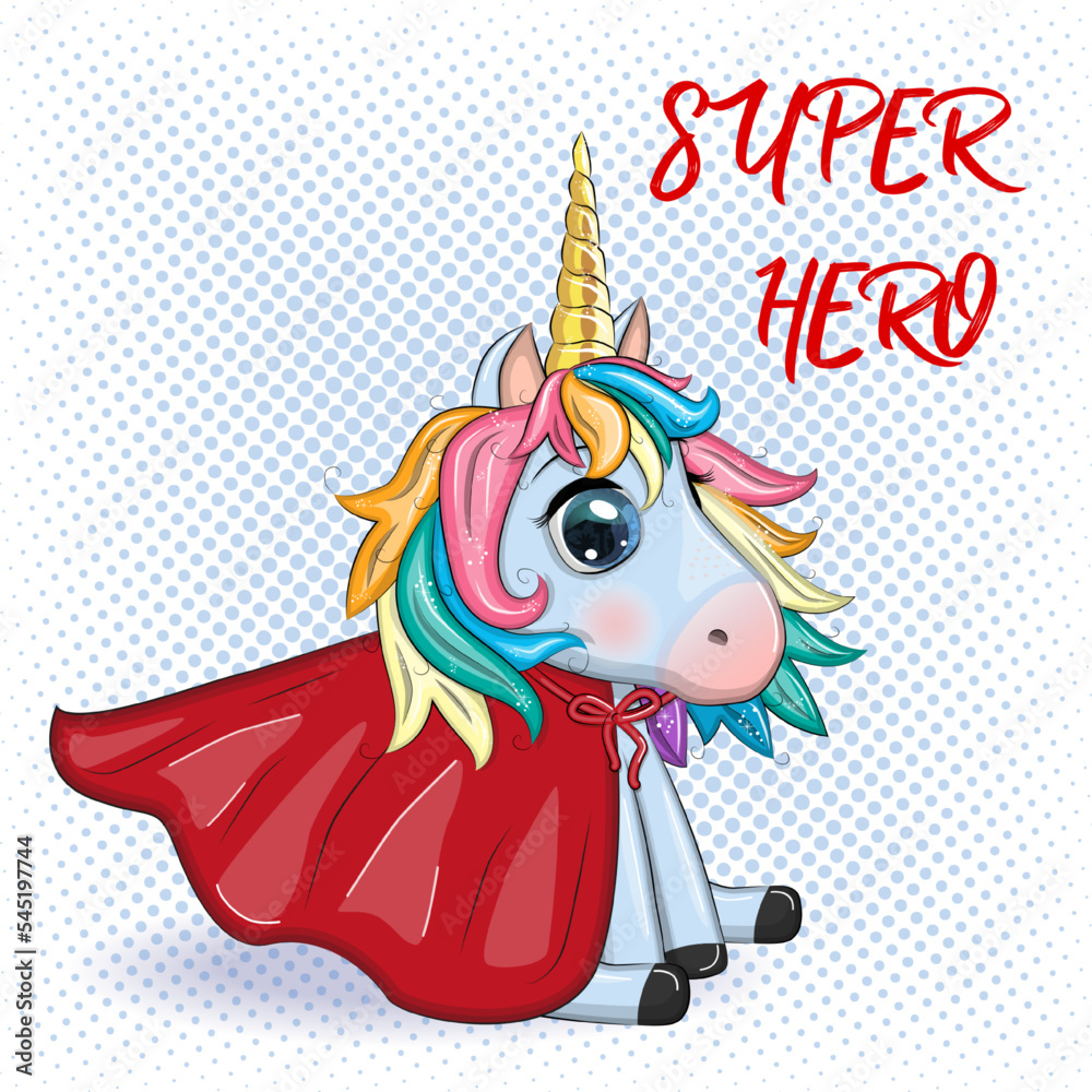 Naklejka premium Cute unicorn character with cloak as super hero. Cartoon design illustration isolated