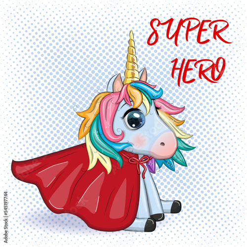 Cute unicorn character with cloak as super hero. Cartoon design illustration isolated
