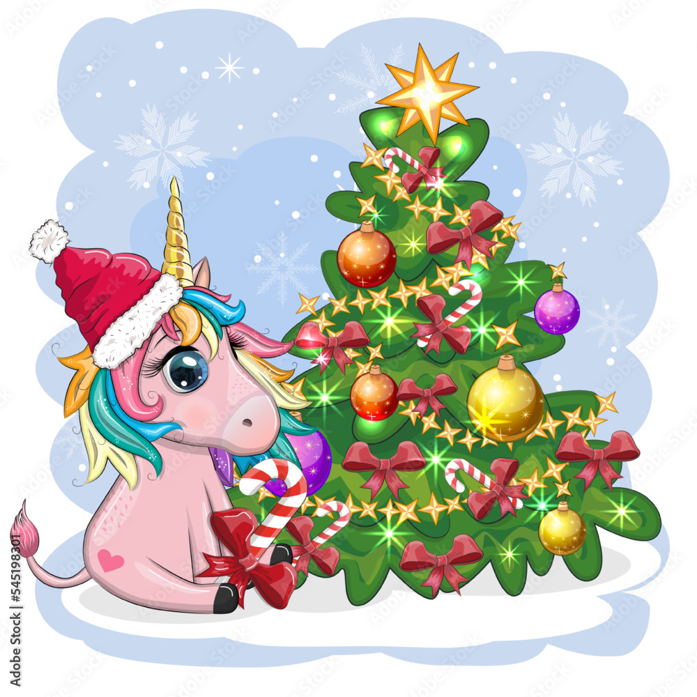 Cute cartoon unicorn in santa hat near christmas tree with gifts, balls. New Year and Christmas greeting card.