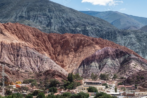 Aerial drone shot of the San Salvador de Jujuy city under the Hill of the Seven Colours, Argentina photo